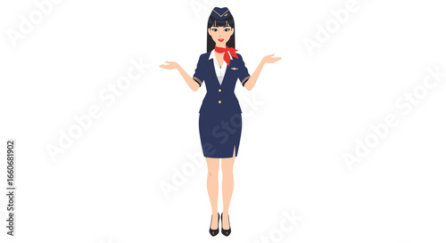 Elegant flight attendant in uniform illustration with open arms gesture