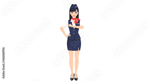 Elegant Flight Attendant Illustration in Classic Uniform Pose on White