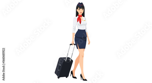 Elegant flight attendant in uniform with luggage, traveling with style