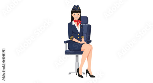 Elegant flight attendant seated pose, ready for takeoff, service and smile