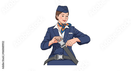 Elegant flight attendant securing her seatbelt demonstration with professionalism