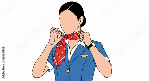 Elegant flight attendant preparing for takeoff with silk scarf knotting