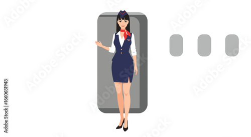 Elegant flight attendant welcomes you aboard, ready for international travel