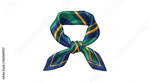 Elegant knotted scarf with vibrant green, blue and gold striping design