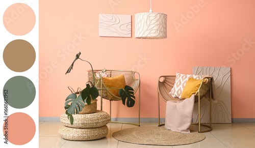 Monstera plant, poufs and a...