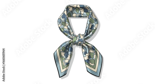 Elegant silky neckerchief with abstract camouflage pattern on white background