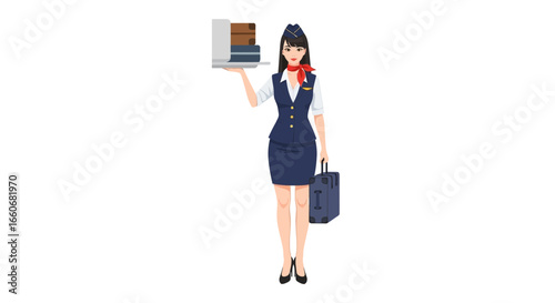Elegant stewardess carrying luggage and meal tray, representing air travel