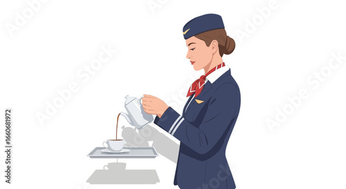 Elegant stewardess attentively pouring coffee for passenger service, side view