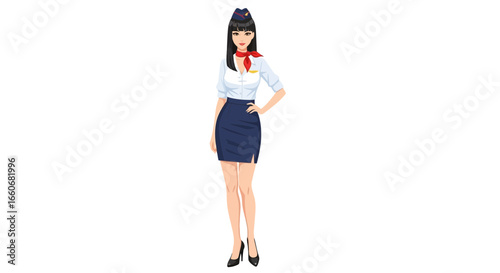Elegant stewardess portrait standing with confidence on a white backdrop