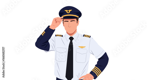 Flat vector style illustration of a confident airline pilot posing