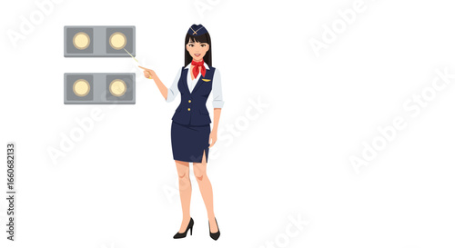 Flight attendant demonstrating emergency equipment safety instructions guide