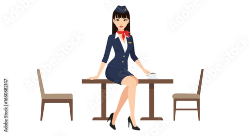 Flight Attendant Enjoying Coffee Break at Cozy Cafe Table Illustration
