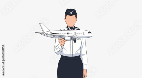 Flight attendant holding a miniature airplane, representing the aviation industry