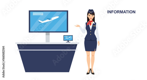 Flight attendant presenting flight information on screens at airport desk
