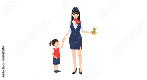 Flight attendant's tender gesture towards a child during air travel preparation