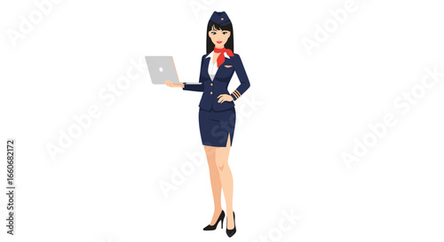 Flight Attendant with Laptop in Elegant Uniform Promoting Airline Service