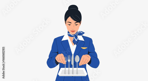 Focused flight attendant serving silverware, embodying travel service