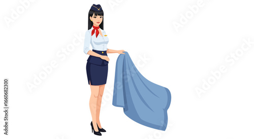 Illustration of a stewardess in uniform holding a blue airplane blanket