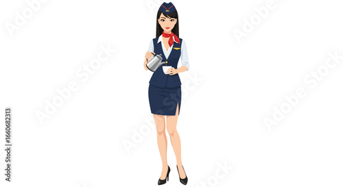 Illustration of a Stewardess pouring drink into a cup on white backdrop
