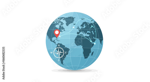 Illustration of global journey with destination point highlighted on map
