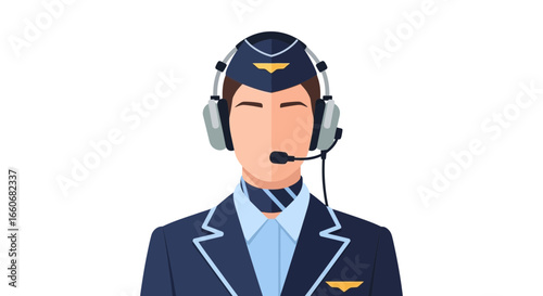 Illustration of an aviation worker wearing uniform with a headset on white