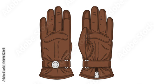 Illustration of vintage style brown leather driving gloves with buckle