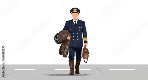 Illustrative depiction of a confident airline pilot striding with poise