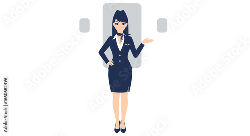 Illustrative flight attendant extending arm in guidance position inside plane