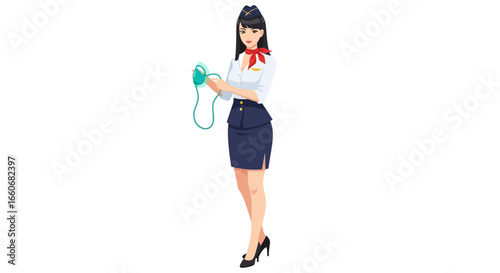Illustrative representation of stewardess demonstrating safety procedures inflight