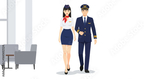 Pilot and flight attendant in uniform walking in the airport terminal illustration