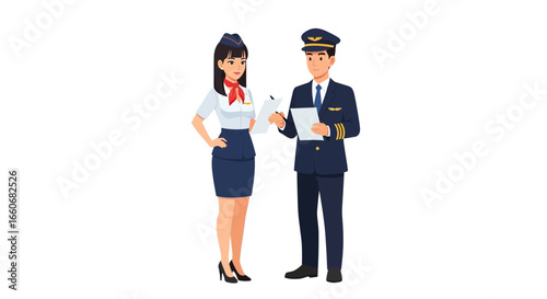 Pilot and stewardess discussing flight details in professional setting