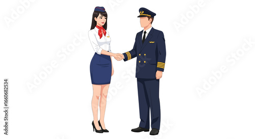 Pilot and stewardess shaking hands isolated on white background, airline collaboration