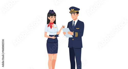 Pilot and stewardess discussing flight plan on white background image