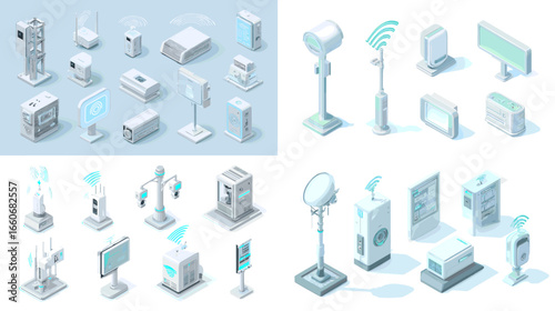 Isometric illustration of communication towers, servers, antennas, and network devices. Suitable for telecom, 5G, and digital infrastructure concepts.