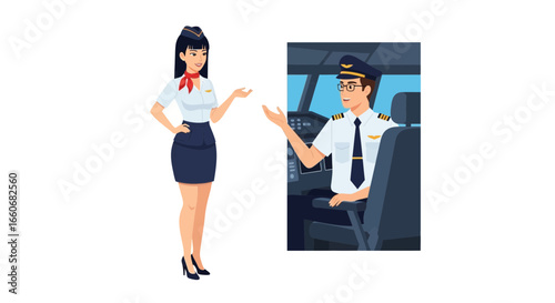 Pilot welcomes on board and stewardess giving safety instructions before take off