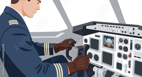 Pilot navigating an aircraft with a focus on flight deck instrument panel