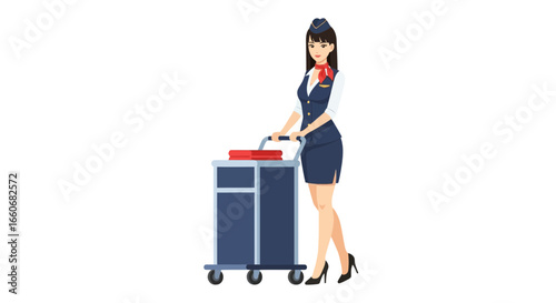 Professional Air Hostess Illustration with Service Cart in Cartoon Style