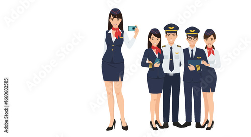 Professional airline crew showcasing pilots and flight attendants in uniform