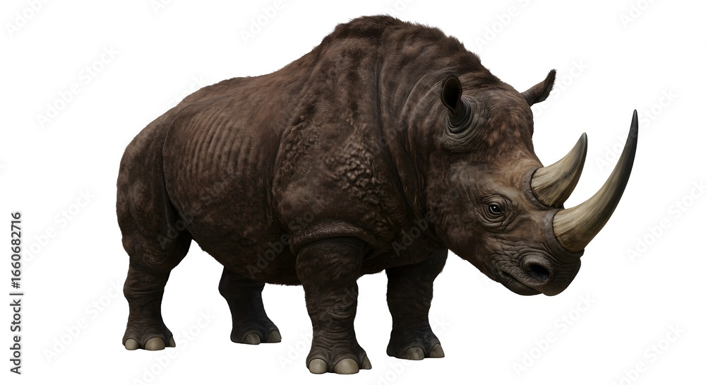 Fototapeta premium Extinct woolly rhinoceros with detailed fur and horn, isolated on white background.