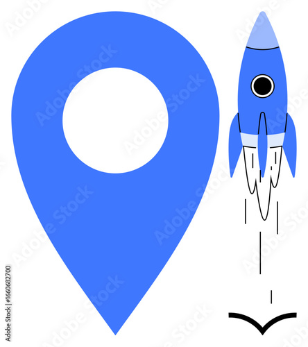Blue geolocation pin next to ascending rocket with trails. Ideal for startup, innovation, exploration, progress, navigation, growth, entrepreneurship themes. Simple flat metaphor