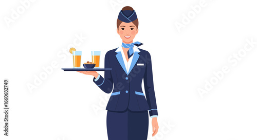 Smiling air hostess serving beverages and snacks in a well mannered way
