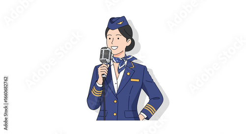 Smiling airline employee broadcasting with a classic microphone illustration