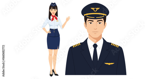 Smiling Asian Pilot and Air Hostess Welcoming Passengers on White Background