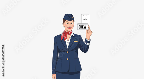 Smiling flight attendant in uniform holding crew card for identification