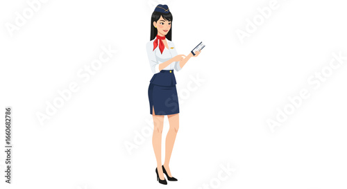 Smiling Flight Attendant Navigating Airport Operations with Digital Tablet