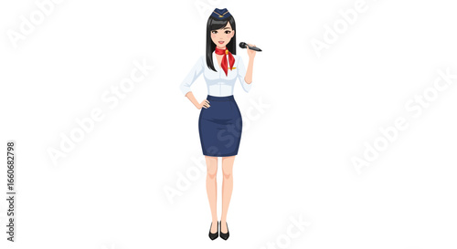 Smiling Stewardess Cartoon Illustration Holding Microphone Isolated, in White