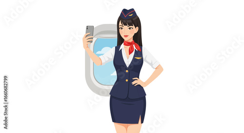 Smiling flight attendant taking selfie with airplane window background