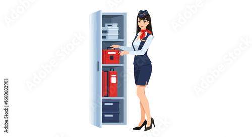 Stewardess taking out the first aid kit from metal cabinet illustration