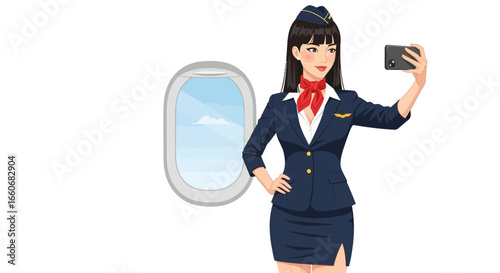 Stewardess taking a selfie near an airplane window, illustration style