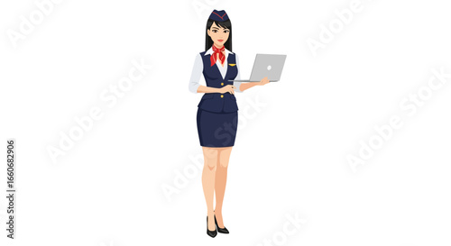 Stewardess with laptop presenting new onboard services digital vector image